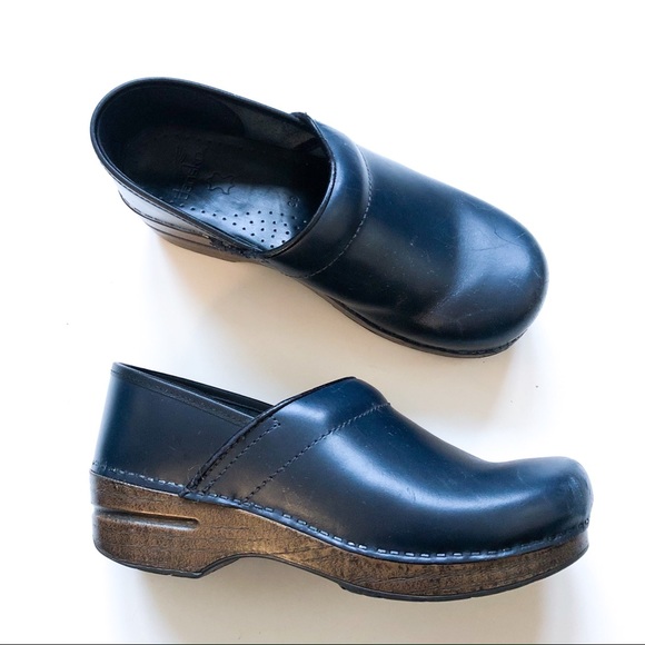 navy leather clogs